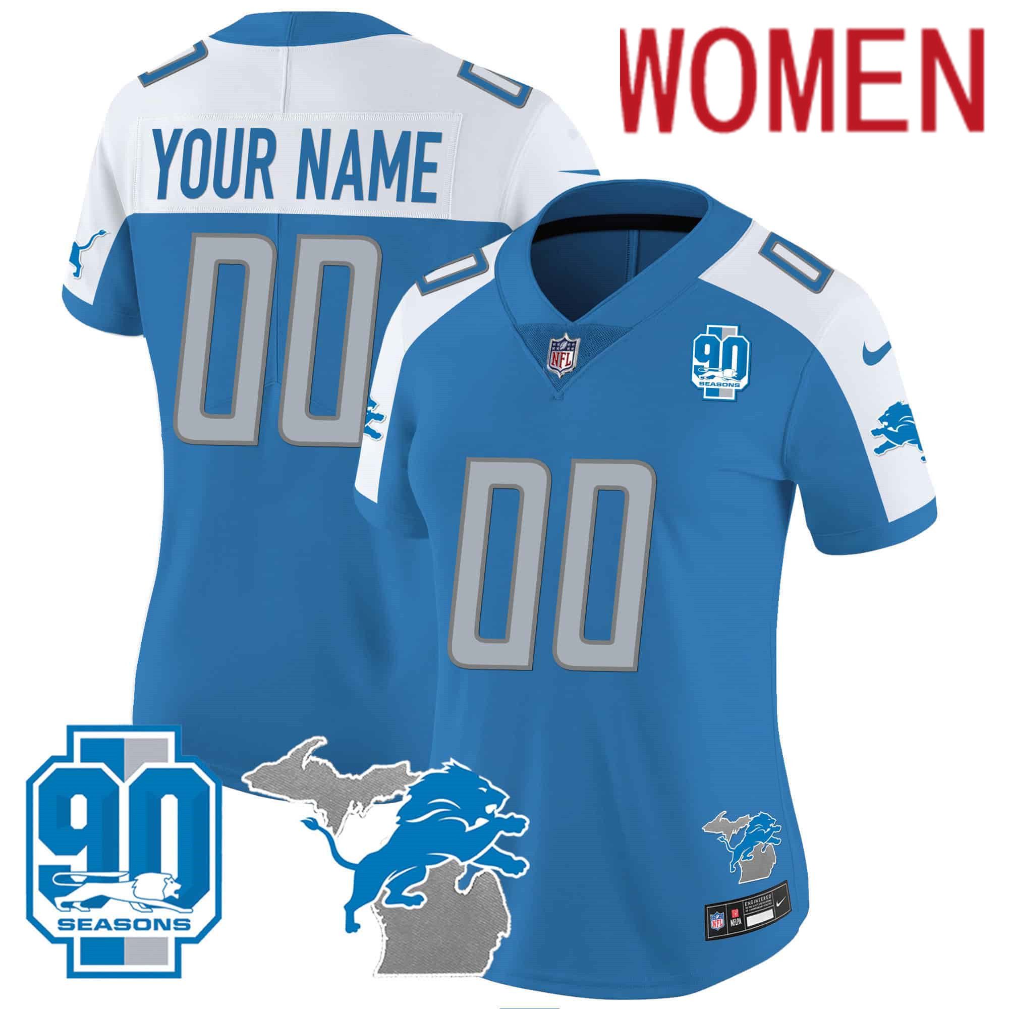 Women Detroit Lions Blue 2024 Nike 90th Year Michigan Patch Custom Vapor NFL Jersey